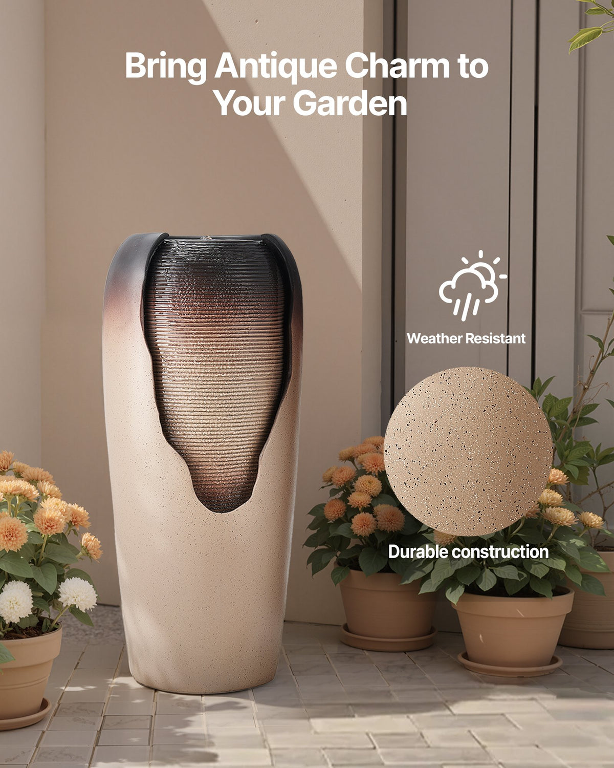 VEVOR Outdoor Water Fountain, 30.71 in Height Fountain and Waterfall, 1-Tier Floor Standing Glazed Jar Style Fountains with LED Light and Pump, for Outdoor Indoor Garden, Home, Patio & Yard (Coffee) - DCSPQ13813833P9M1001V1 - view 3