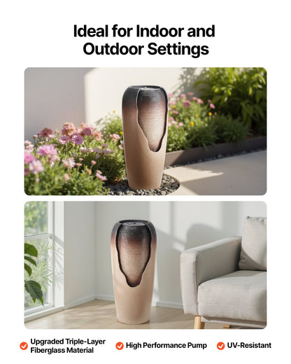 VEVOR Outdoor Water Fountain, 30.71 in Height Fountain and Waterfall, 1-Tier Floor Standing Glazed Jar Style Fountains with LED Light and Pump, for Outdoor Indoor Garden, Home, Patio & Yard (Coffee) - DCSPQ13813833P9M1001V1 - view 6