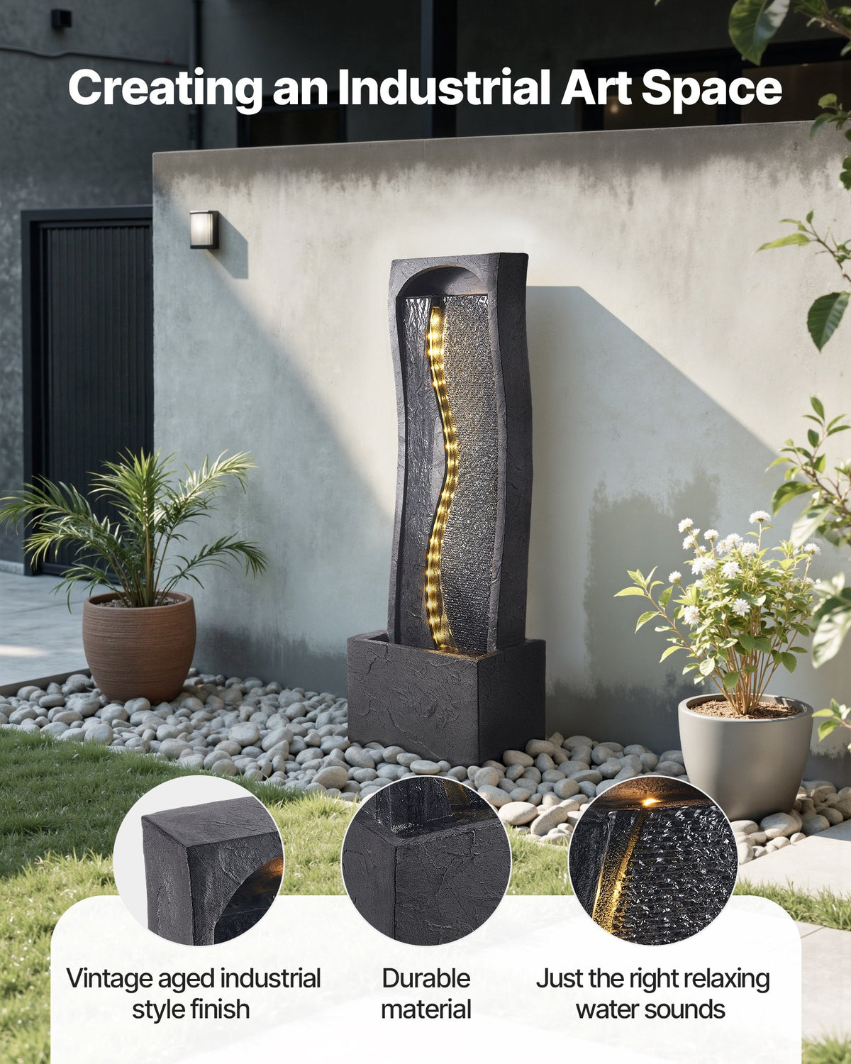 VEVOR Outdoor Water Fountain, 38.58 in Height Fountain and Waterfall, 1-Tier Floor Standing Rock Base Style Fountains with with LED Light and Pump, for Outdoor Indoor Garden, Home, Patio & Backyard - DCSPQBZYSS13VOL63001V1 - view 3