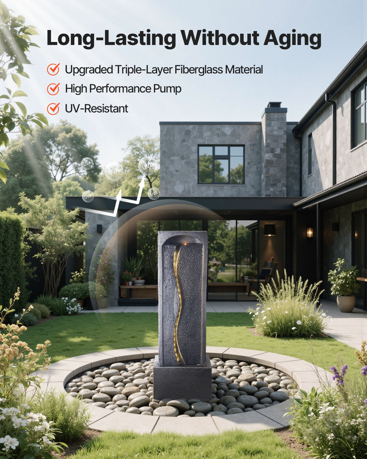 VEVOR Outdoor Water Fountain, 38.58 in Height Fountain and Waterfall, 1-Tier Floor Standing Rock Base Style Fountains with with LED Light and Pump, for Outdoor Indoor Garden, Home, Patio & Backyard - DCSPQBZYSS13VOL63001V1 - view 6