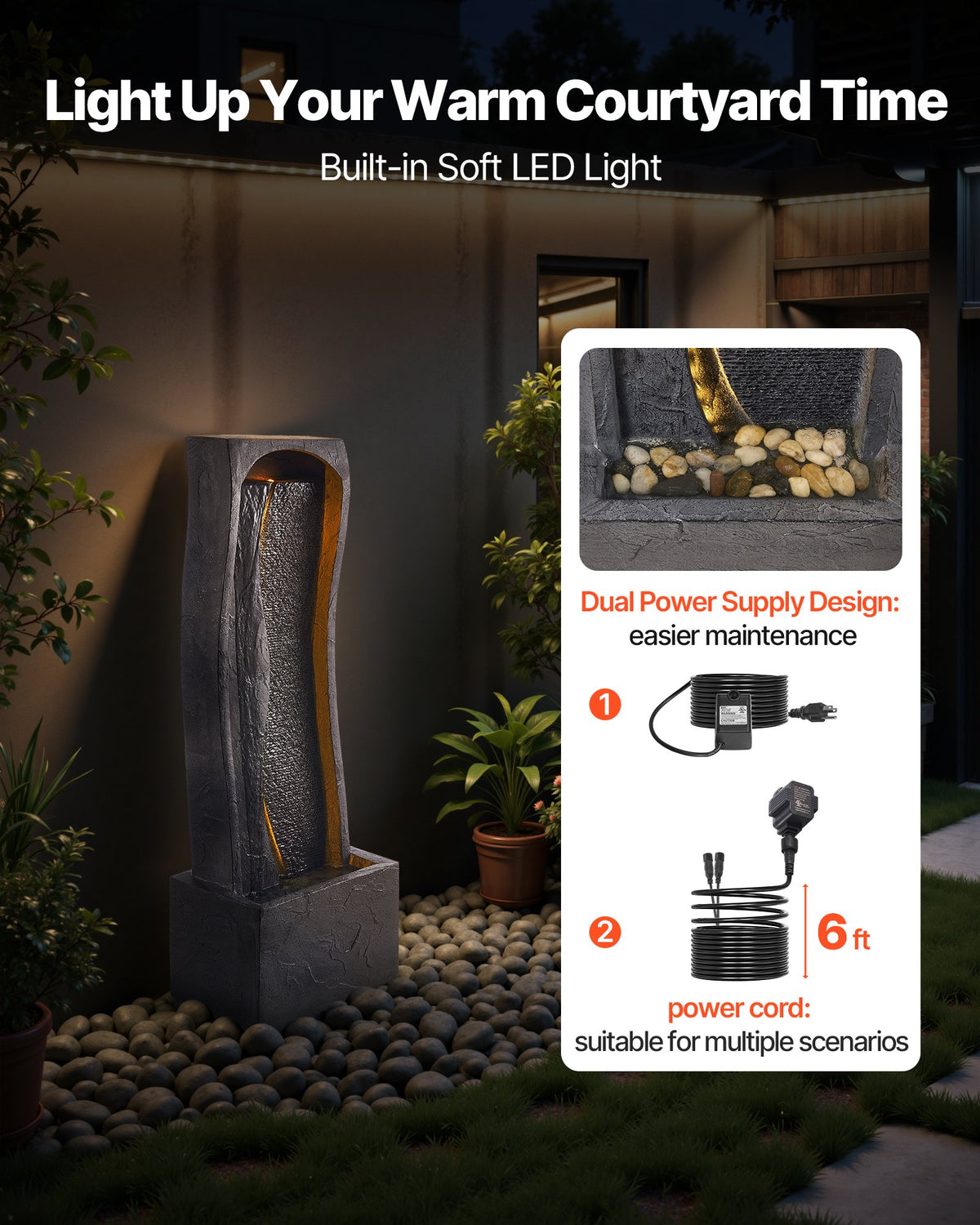 VEVOR Outdoor Water Fountain, 38.58 in Height Fountain and Waterfall, 1-Tier Floor Standing Rock Base Style Fountains with with LED Light and Pump, for Outdoor Indoor Garden, Home, Patio & Backyard - DCSPQBZYSS13VOL63001V1 - view 7