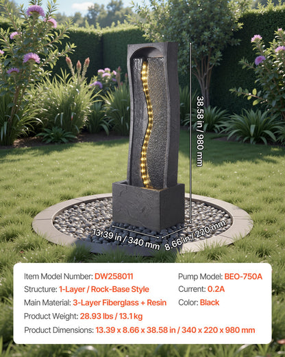 VEVOR Outdoor Water Fountain, 38.58 in Height Fountain and Waterfall, 1-Tier Floor Standing Rock Base Style Fountains with with LED Light and Pump, for Outdoor Indoor Garden, Home, Patio & Backyard - DCSPQBZYSS13VOL63001V1 - view 8