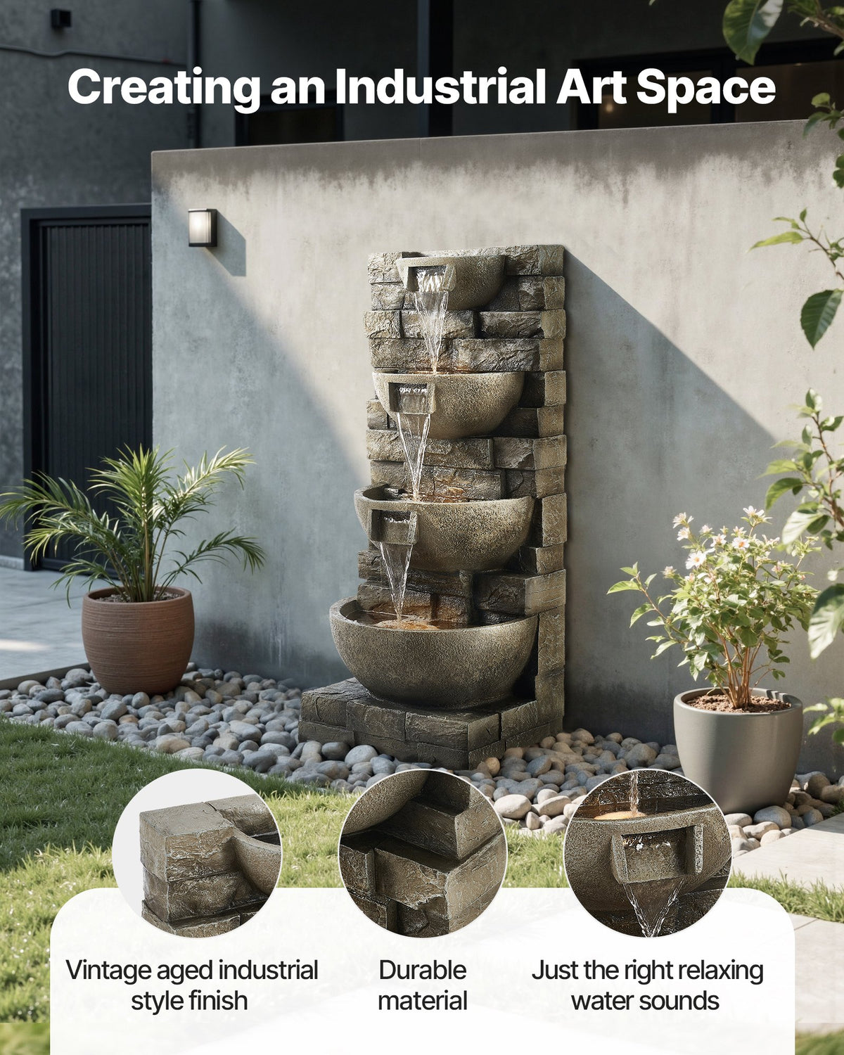 VEVOR Outdoor Water Fountain, 35.63 in Height Fountain and Waterfall, 4-Tier Floor Standing Cascading Fountains with LED Light and Pump, Block Stack Style, for Outdoor Indoor Garden, Patio & Backyard - DCSPQFKCDS15UO0I1001V1 - view 3