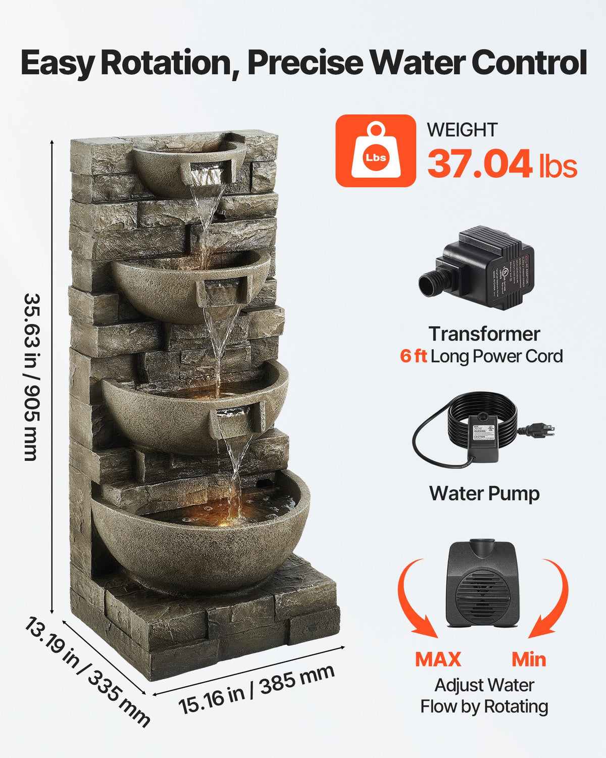 VEVOR Outdoor Water Fountain, 35.63 in Height Fountain and Waterfall, 4-Tier Floor Standing Cascading Fountains with LED Light and Pump, Block Stack Style, for Outdoor Indoor Garden, Patio & Backyard - DCSPQFKCDS15UO0I1001V1 - view 4