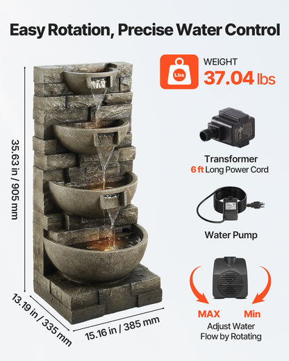 VEVOR Outdoor Water Fountain, 35.63 in Height Fountain and Waterfall, 4-Tier Floor Standing Cascading Fountains with LED Light and Pump, Block Stack Style, for Outdoor Indoor Garden, Patio & Backyard - DCSPQFKCDS15UO0I1001V1 - view 4