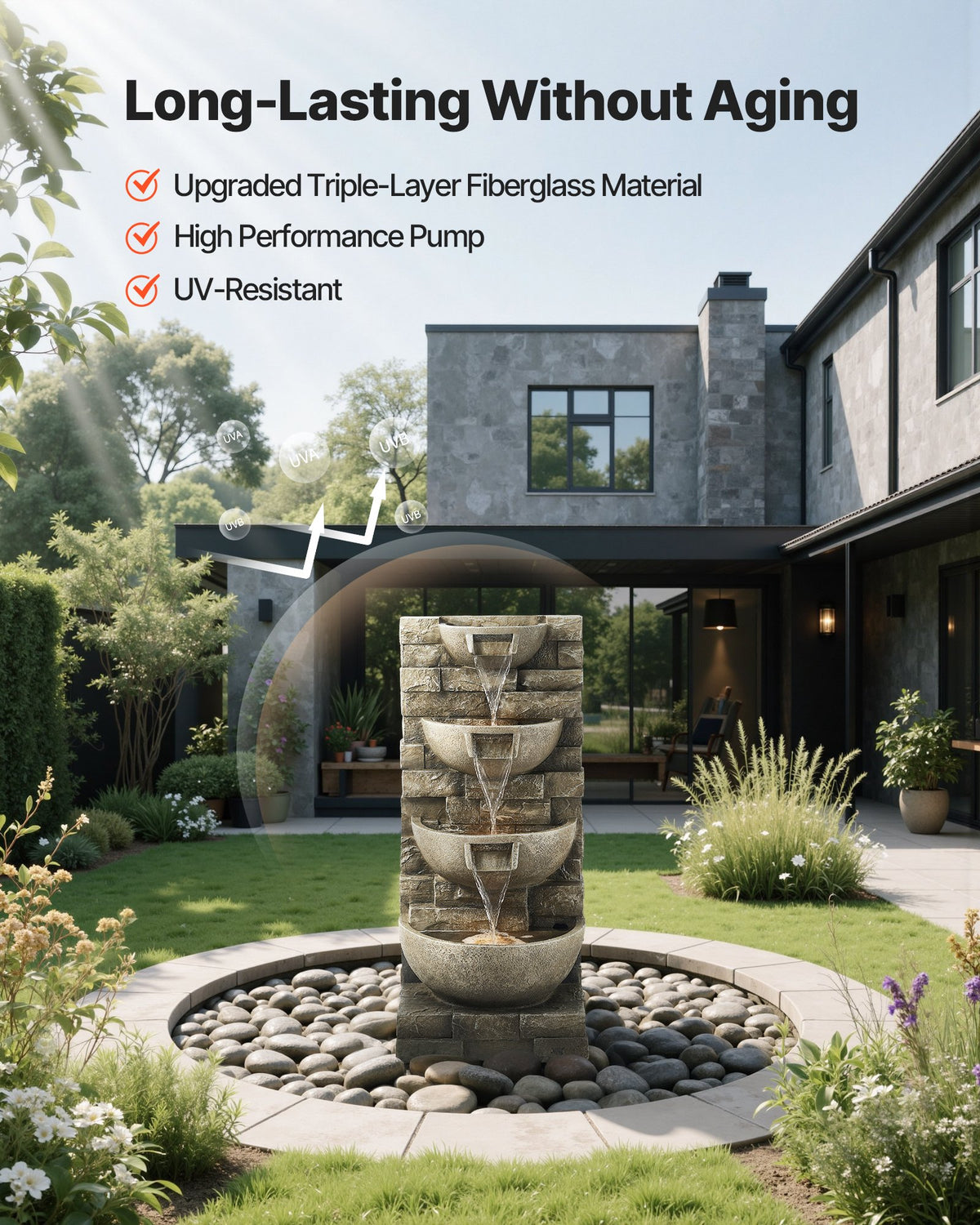 VEVOR Outdoor Water Fountain, 35.63 in Height Fountain and Waterfall, 4-Tier Floor Standing Cascading Fountains with LED Light and Pump, Block Stack Style, for Outdoor Indoor Garden, Patio & Backyard - DCSPQFKCDS15UO0I1001V1 - view 6