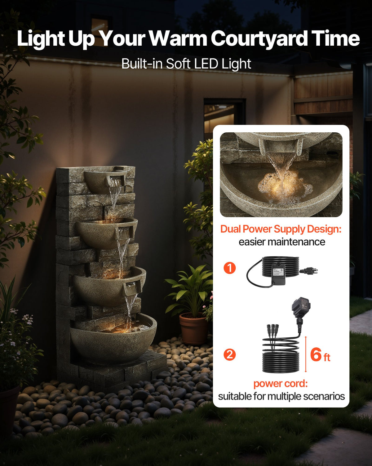 VEVOR Outdoor Water Fountain, 35.63 in Height Fountain and Waterfall, 4-Tier Floor Standing Cascading Fountains with LED Light and Pump, Block Stack Style, for Outdoor Indoor Garden, Patio & Backyard - DCSPQFKCDS15UO0I1001V1 - view 7