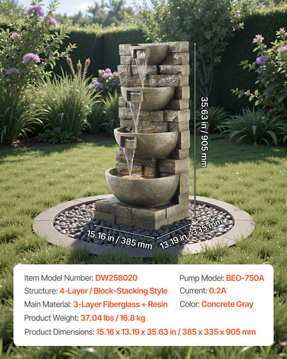 VEVOR Outdoor Water Fountain, 35.63 in Height Fountain and Waterfall, 4-Tier Floor Standing Cascading Fountains with LED Light and Pump, Block Stack Style, for Outdoor Indoor Garden, Patio & Backyard - DCSPQFKCDS15UO0I1001V1 - view 8