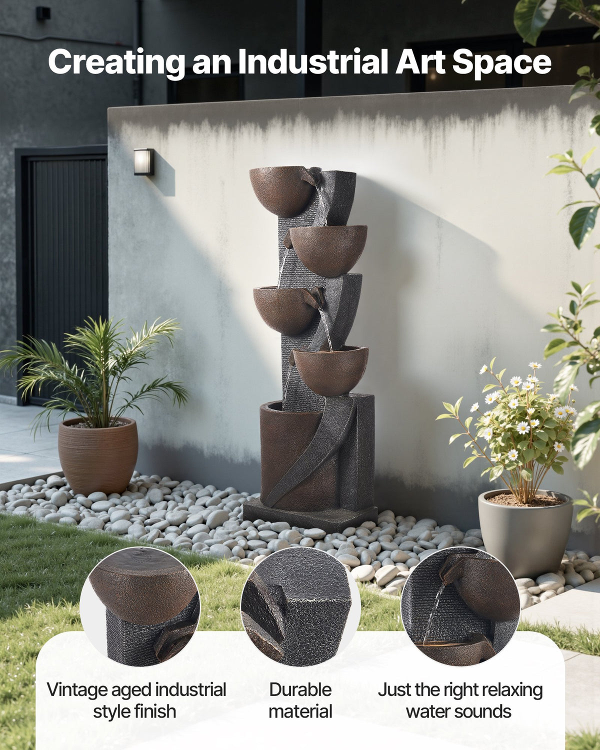 VEVOR Outdoor Water Fountain, 49.61 in Height Fountain and Waterfall, 5-Tier Floor Standing Jar-Shaped Cascading Fountains with LED Light and Pump, for Outdoor Indoor Garden, Home, Patio & Backyard - DCSPQGZCDS1837C5C001V1 - view 3