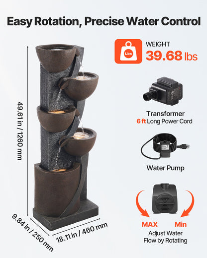 VEVOR Outdoor Water Fountain, 49.61 in Height Fountain and Waterfall, 5-Tier Floor Standing Jar-Shaped Cascading Fountains with LED Light and Pump, for Outdoor Indoor Garden, Home, Patio & Backyard - DCSPQGZCDS1837C5C001V1 - view 4