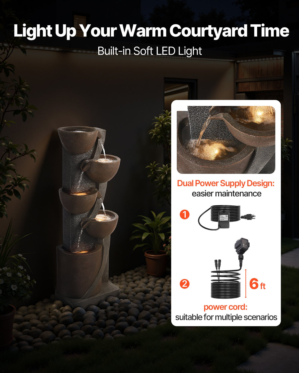 VEVOR Outdoor Water Fountain, 49.61 in Height Fountain and Waterfall, 5-Tier Floor Standing Jar-Shaped Cascading Fountains with LED Light and Pump, for Outdoor Indoor Garden, Home, Patio & Backyard - DCSPQGZCDS1837C5C001V1 - view 7