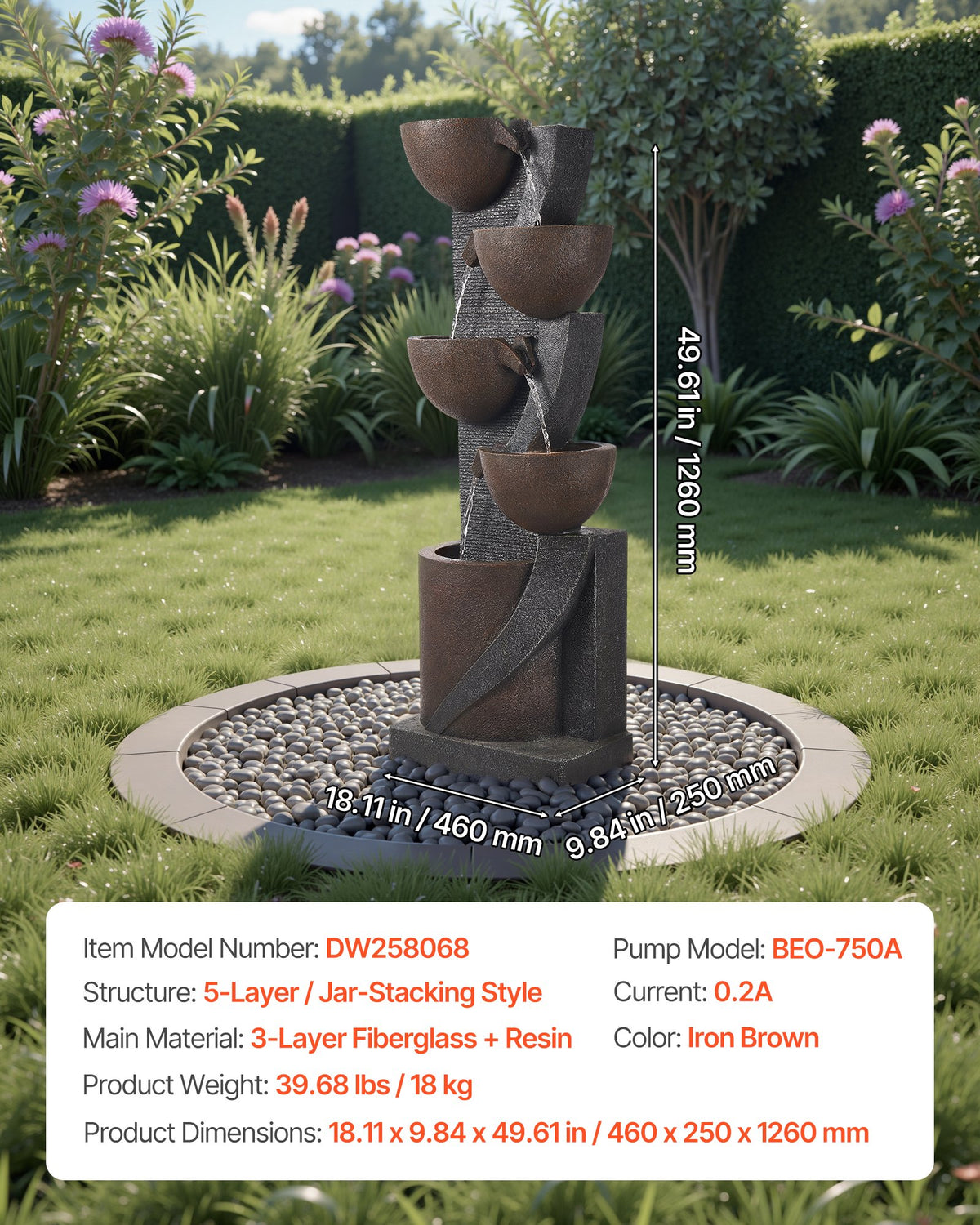 VEVOR Outdoor Water Fountain, 49.61 in Height Fountain and Waterfall, 5-Tier Floor Standing Jar-Shaped Cascading Fountains with LED Light and Pump, for Outdoor Indoor Garden, Home, Patio & Backyard - DCSPQGZCDS1837C5C001V1 - view 8