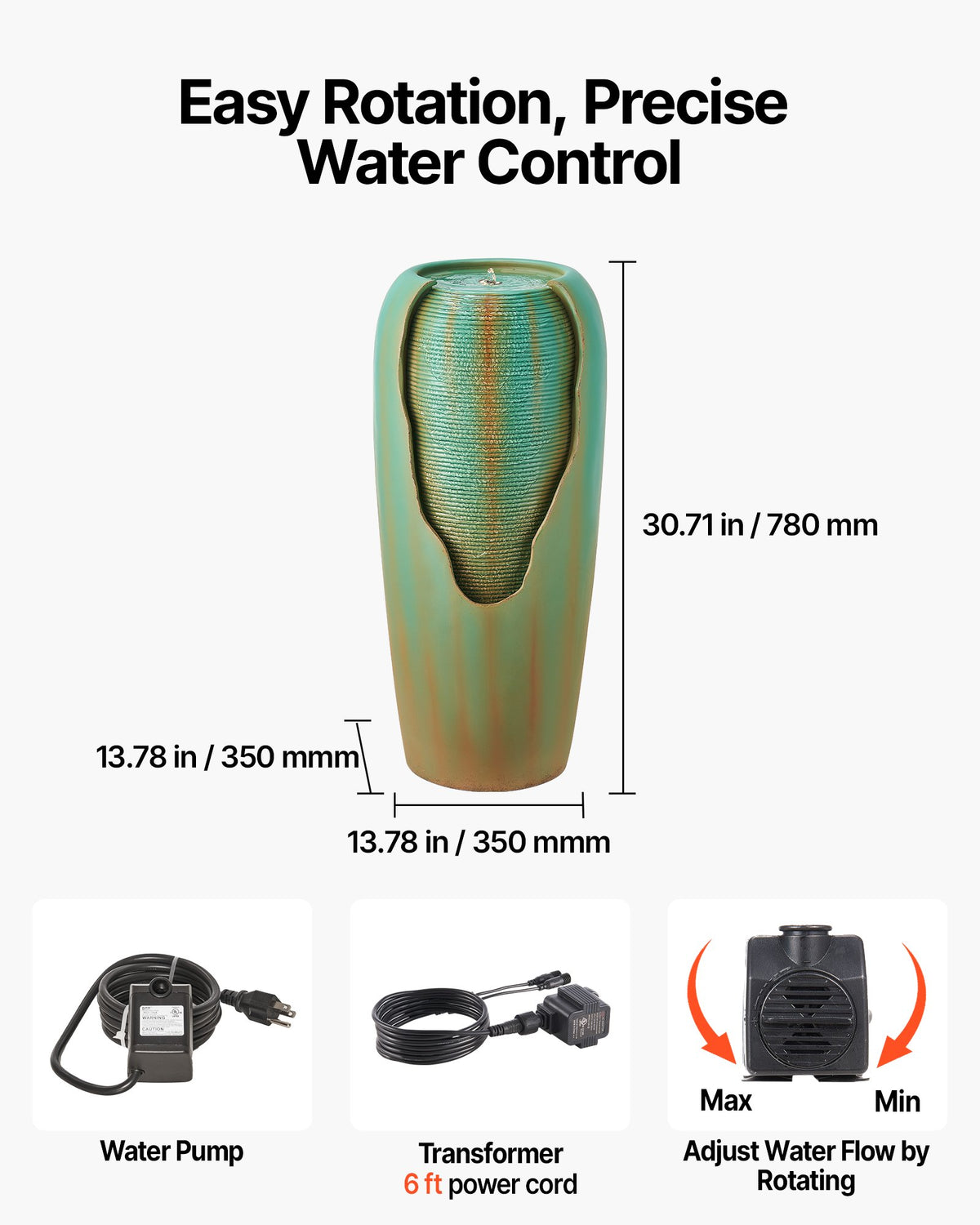 VEVOR Outdoor Water Fountain, 30.71 in Height Fountain and Waterfall, 1-Tier Floor Standing Glazed Jar Style Fountains with LED Light and Pump, for Outdoor Indoor Garden, Home, Patio & Yard (Green) - DCSPQYGS1381EB9W6001V1 - view 4
