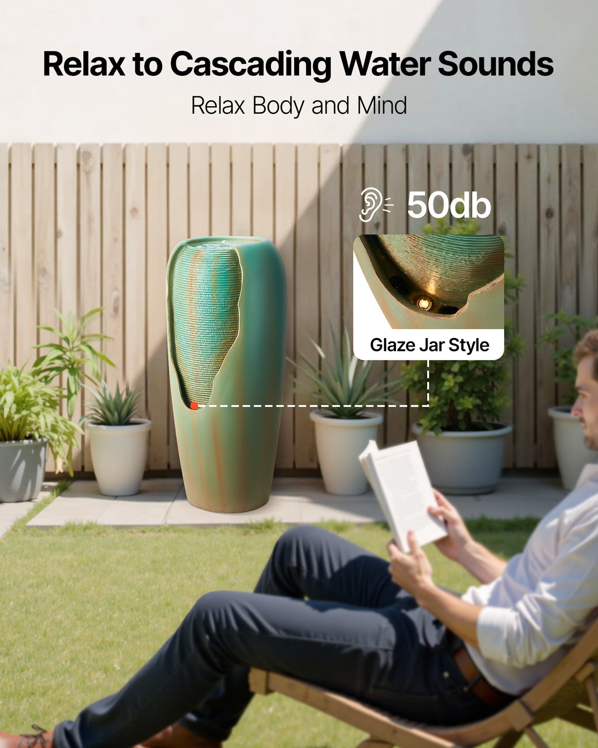 VEVOR Outdoor Water Fountain, 30.71 in Height Fountain and Waterfall, 1-Tier Floor Standing Glazed Jar Style Fountains with LED Light and Pump, for Outdoor Indoor Garden, Home, Patio & Yard (Green) - DCSPQYGS1381EB9W6001V1 - view 5