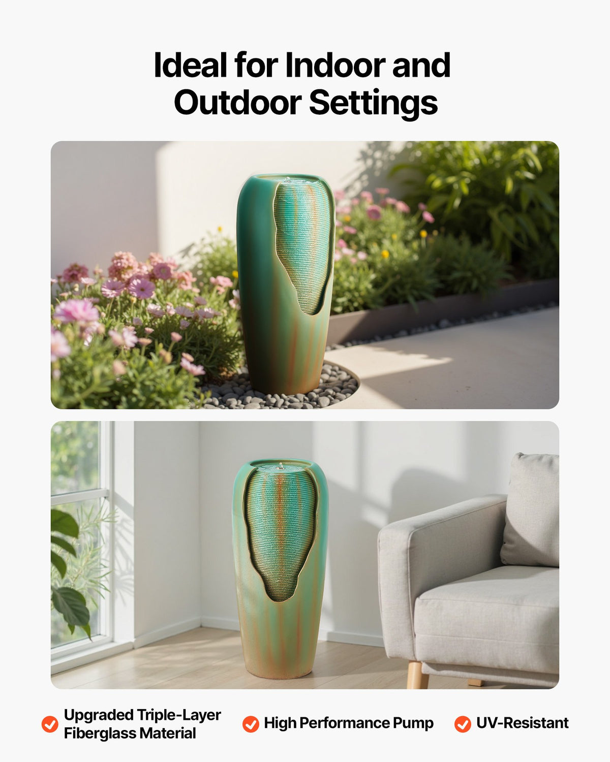 VEVOR Outdoor Water Fountain, 30.71 in Height Fountain and Waterfall, 1-Tier Floor Standing Glazed Jar Style Fountains with LED Light and Pump, for Outdoor Indoor Garden, Home, Patio & Yard (Green) - DCSPQYGS1381EB9W6001V1 - view 6