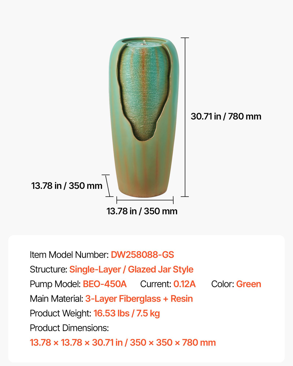 VEVOR Outdoor Water Fountain, 30.71 in Height Fountain and Waterfall, 1-Tier Floor Standing Glazed Jar Style Fountains with LED Light and Pump, for Outdoor Indoor Garden, Home, Patio & Yard (Green) - DCSPQYGS1381EB9W6001V1 - view 8