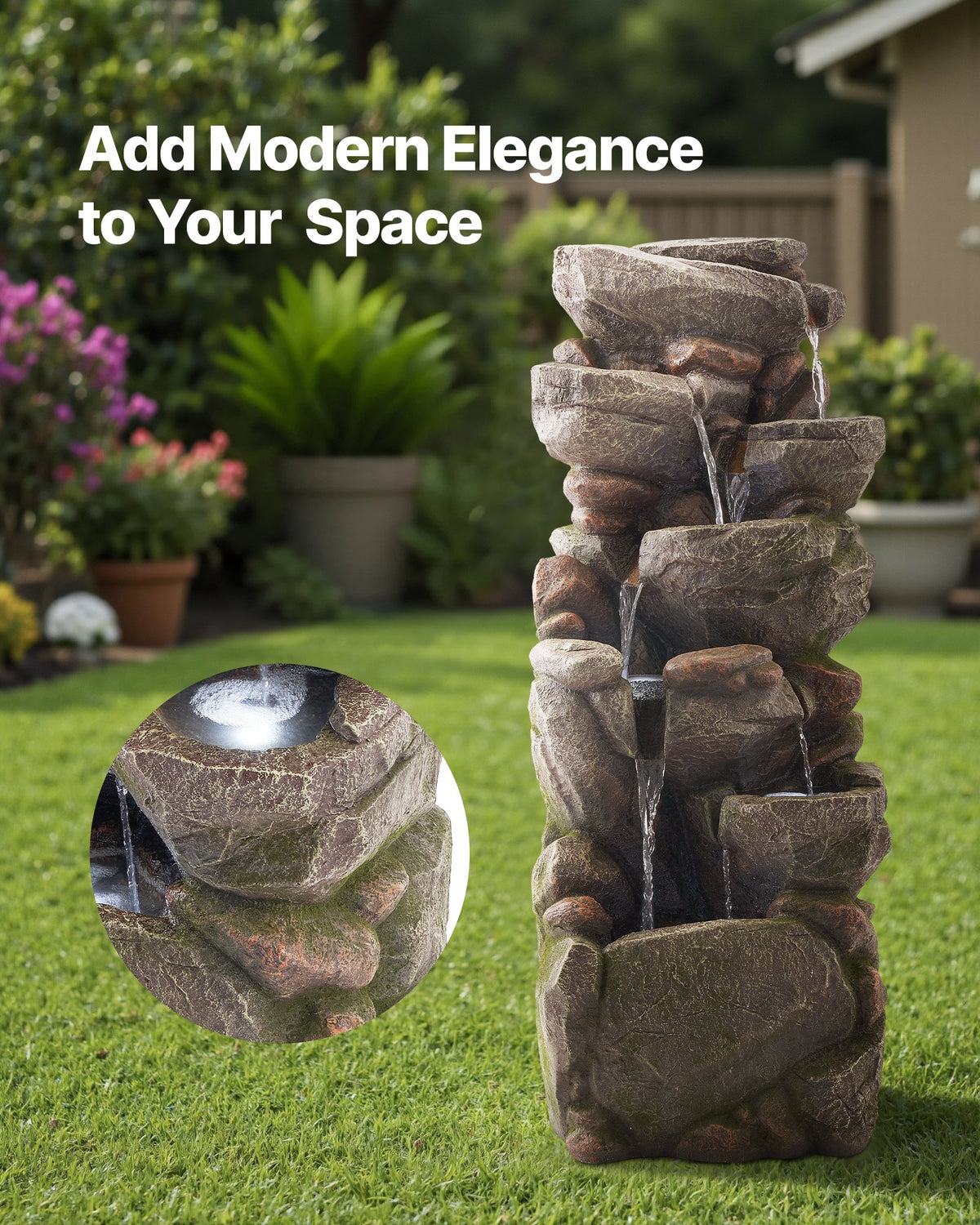 VEVOR Outdoor Water Fountain, 38.98 in Height Fountain and Waterfall, 7-Tier Floor Standing Rock-Shaped Cascading Fountains with LED Light and Pump, for Outdoor Indoor Garden, Home, Patio & Backyard - DCSPQYSCDS15ZXQKW001V1 - view 3