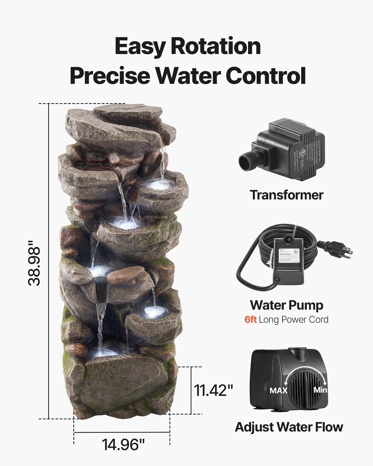 VEVOR Outdoor Water Fountain, 38.98 in Height Fountain and Waterfall, 7-Tier Floor Standing Rock-Shaped Cascading Fountains with LED Light and Pump, for Outdoor Indoor Garden, Home, Patio & Backyard - DCSPQYSCDS15ZXQKW001V1 - view 4