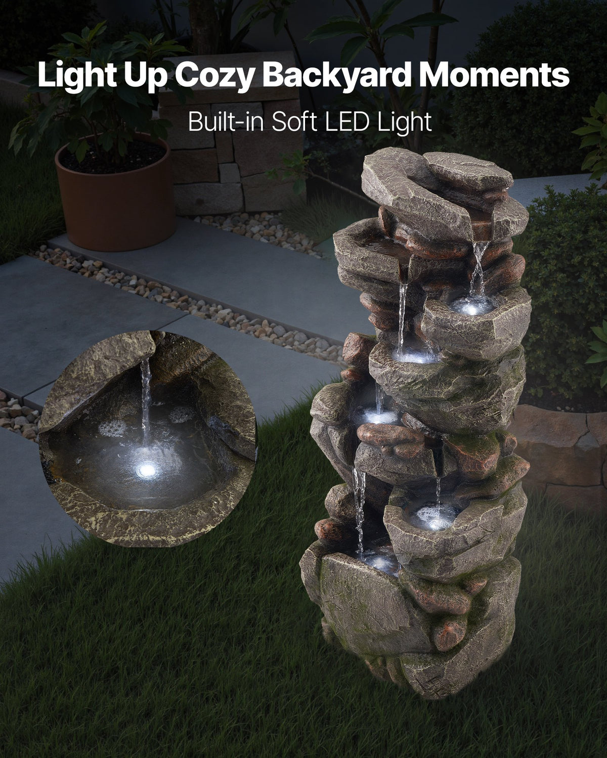 VEVOR Outdoor Water Fountain, 38.98 in Height Fountain and Waterfall, 7-Tier Floor Standing Rock-Shaped Cascading Fountains with LED Light and Pump, for Outdoor Indoor Garden, Home, Patio & Backyard - DCSPQYSCDS15ZXQKW001V1 - view 7
