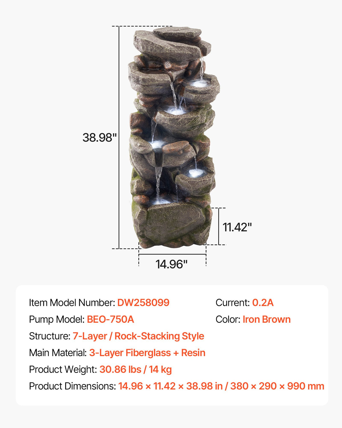 VEVOR Outdoor Water Fountain, 38.98 in Height Fountain and Waterfall, 7-Tier Floor Standing Rock-Shaped Cascading Fountains with LED Light and Pump, for Outdoor Indoor Garden, Home, Patio & Backyard - DCSPQYSCDS15ZXQKW001V1 - view 8