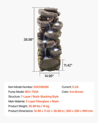 VEVOR Outdoor Water Fountain, 38.98 in Height Fountain and Waterfall, 7-Tier Floor Standing Rock-Shaped Cascading Fountains with LED Light and Pump, for Outdoor Indoor Garden, Home, Patio & Backyard - DCSPQYSCDS15ZXQKW001V1 - view 8