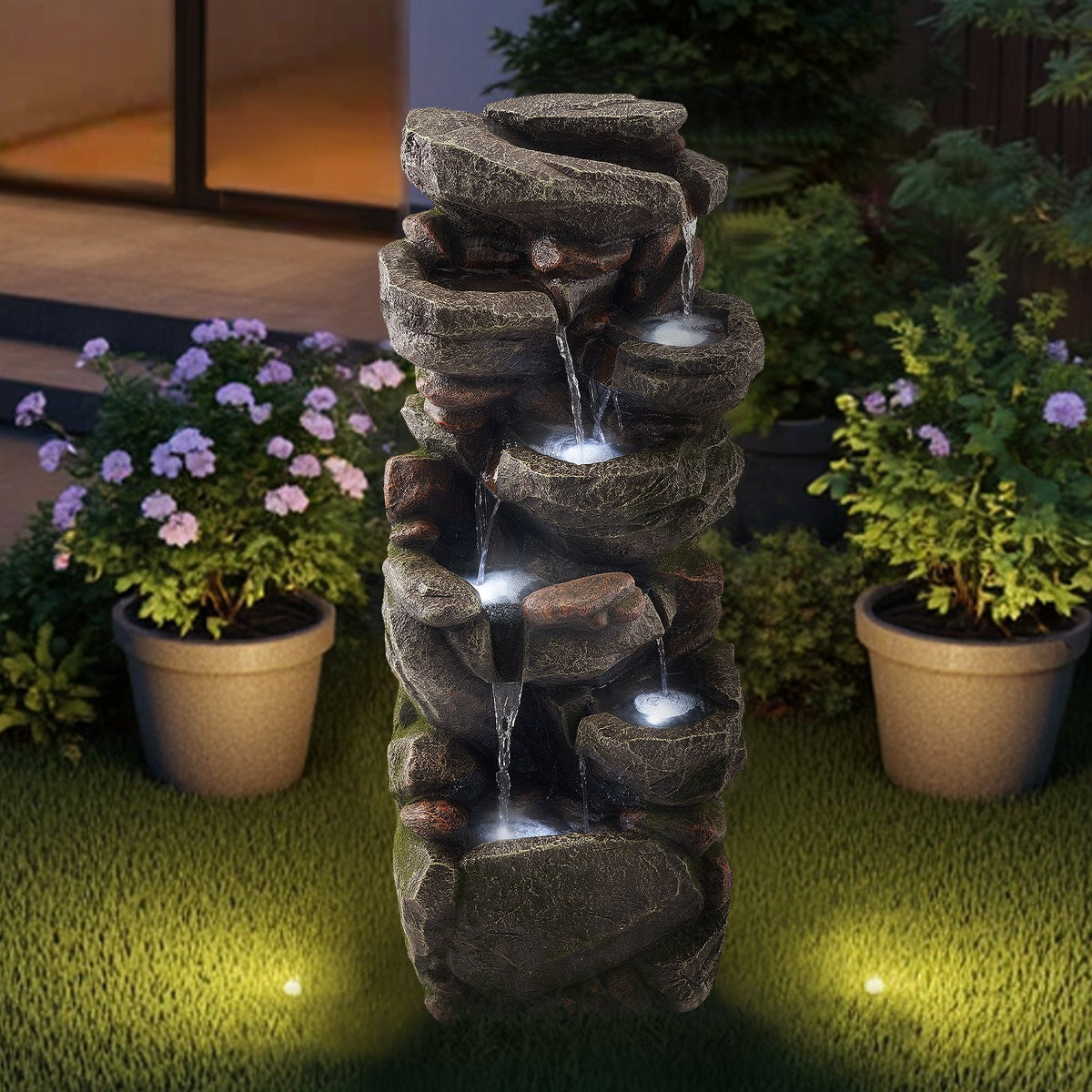 VEVOR Outdoor Water Fountain, 38.98 in Height Fountain and Waterfall, 7-Tier Floor Standing Rock-Shaped Cascading Fountains with LED Light and Pump, for Outdoor Indoor Garden, Home, Patio & Backyard - DCSPQYSCDS15ZXQKW001V1 - view 9