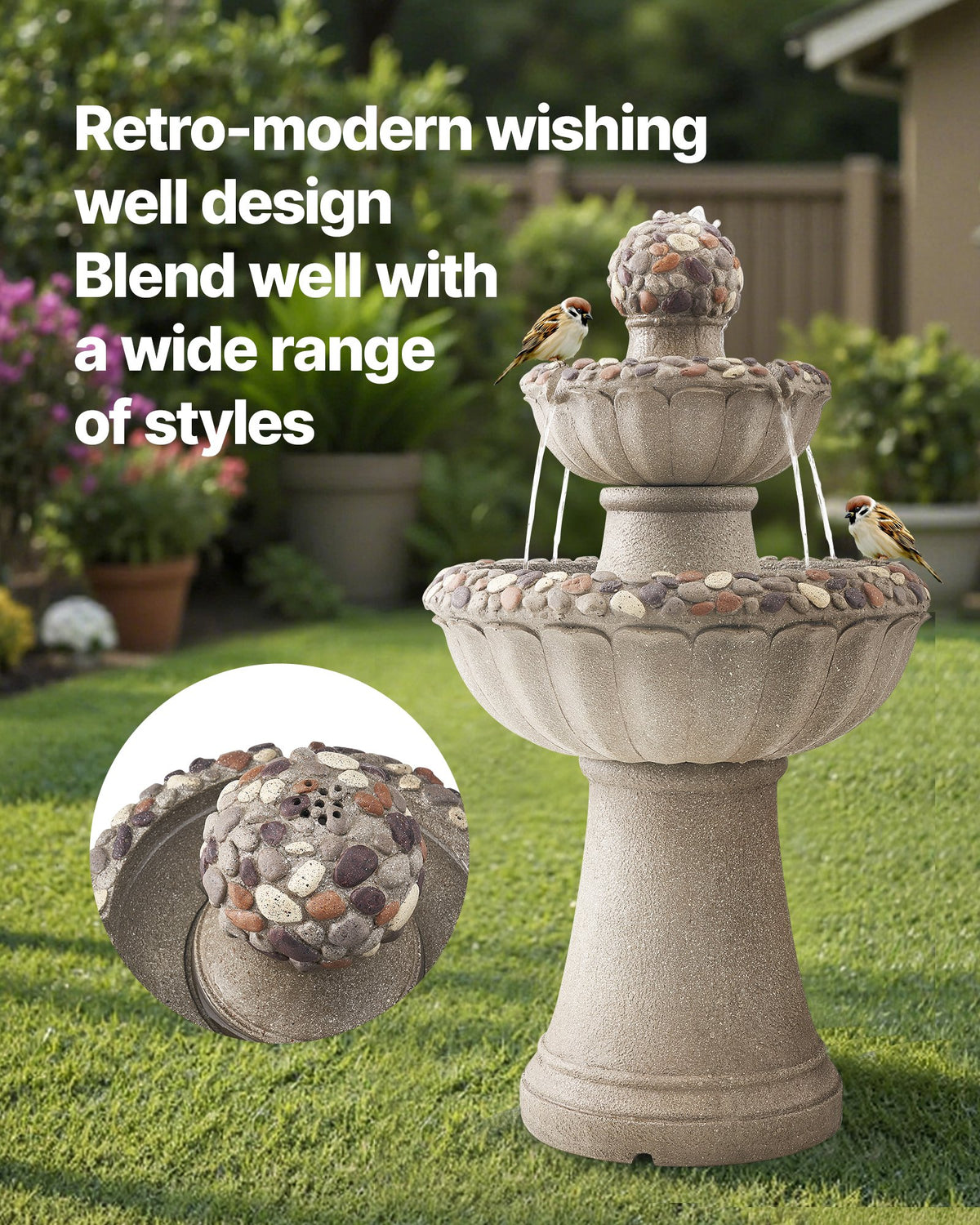 VEVOR Outdoor Water Fountain, 36.5 in Height Fountain and Waterfall, 2-Tier Floor Standing Rock Base Style Fiberglass and Resin Fountains with Pump, for Outdoor Indoor Garden, Home, Patio & Backyard - DCSPQYSJZS18QCKX0001V1 - view 3