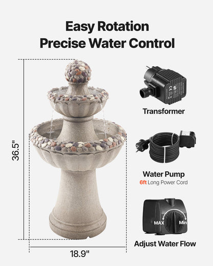 VEVOR Outdoor Water Fountain, 36.5 in Height Fountain and Waterfall, 2-Tier Floor Standing Rock Base Style Fiberglass and Resin Fountains with Pump, for Outdoor Indoor Garden, Home, Patio & Backyard - DCSPQYSJZS18QCKX0001V1 - view 4