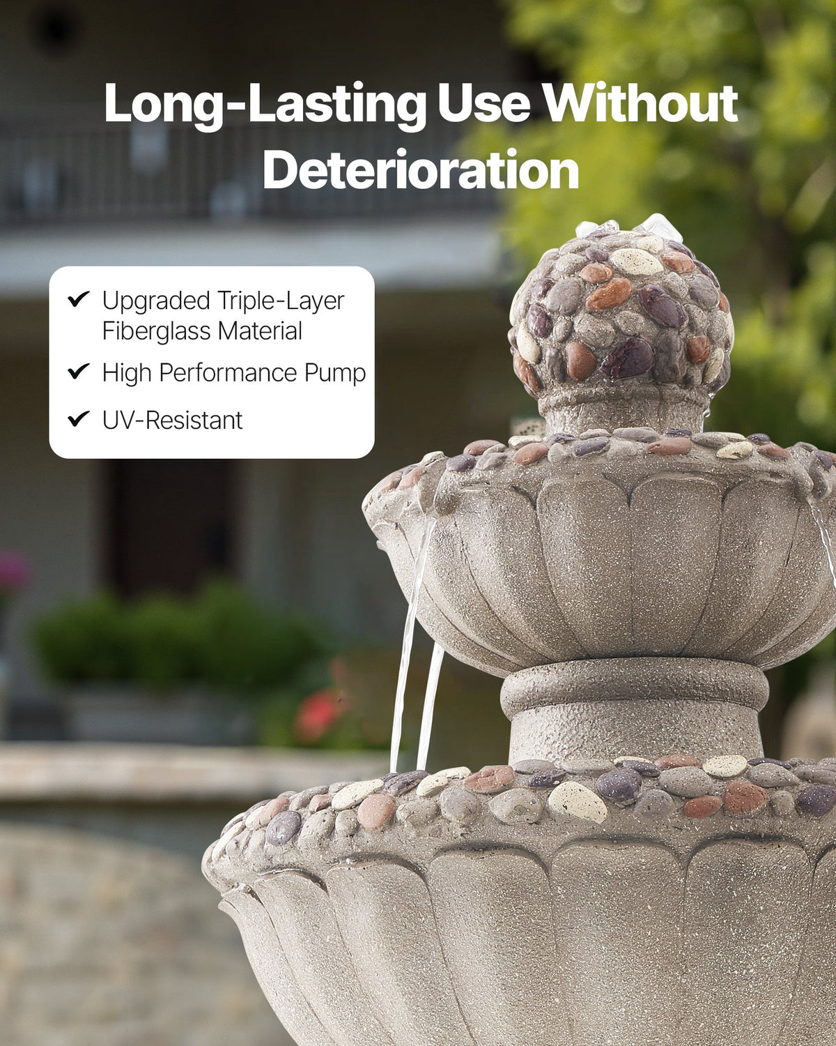 VEVOR Outdoor Water Fountain, 36.5 in Height Fountain and Waterfall, 2-Tier Floor Standing Rock Base Style Fiberglass and Resin Fountains with Pump, for Outdoor Indoor Garden, Home, Patio & Backyard - DCSPQYSJZS18QCKX0001V1 - view 6