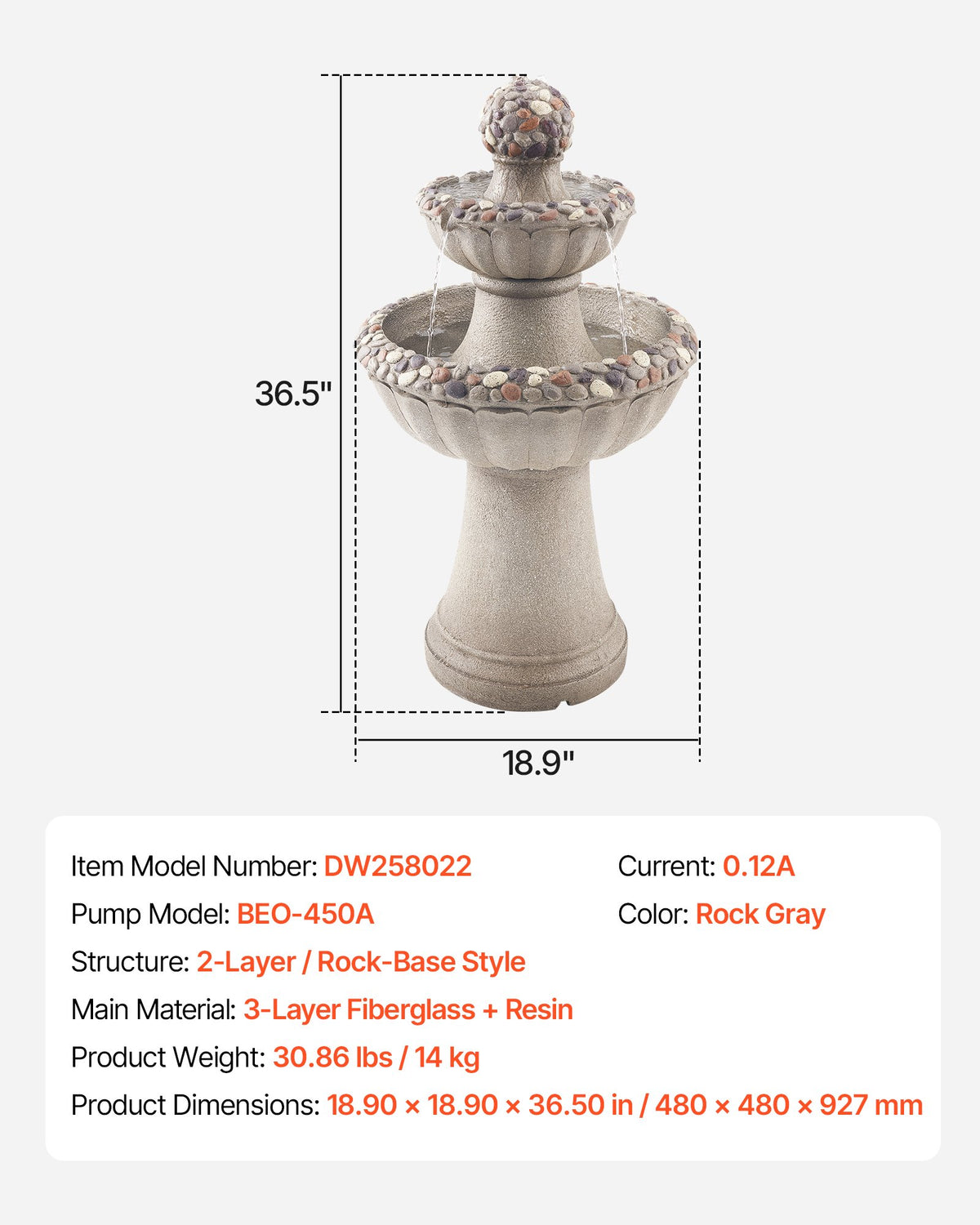 VEVOR Outdoor Water Fountain, 36.5 in Height Fountain and Waterfall, 2-Tier Floor Standing Rock Base Style Fiberglass and Resin Fountains with Pump, for Outdoor Indoor Garden, Home, Patio & Backyard - DCSPQYSJZS18QCKX0001V1 - view 8