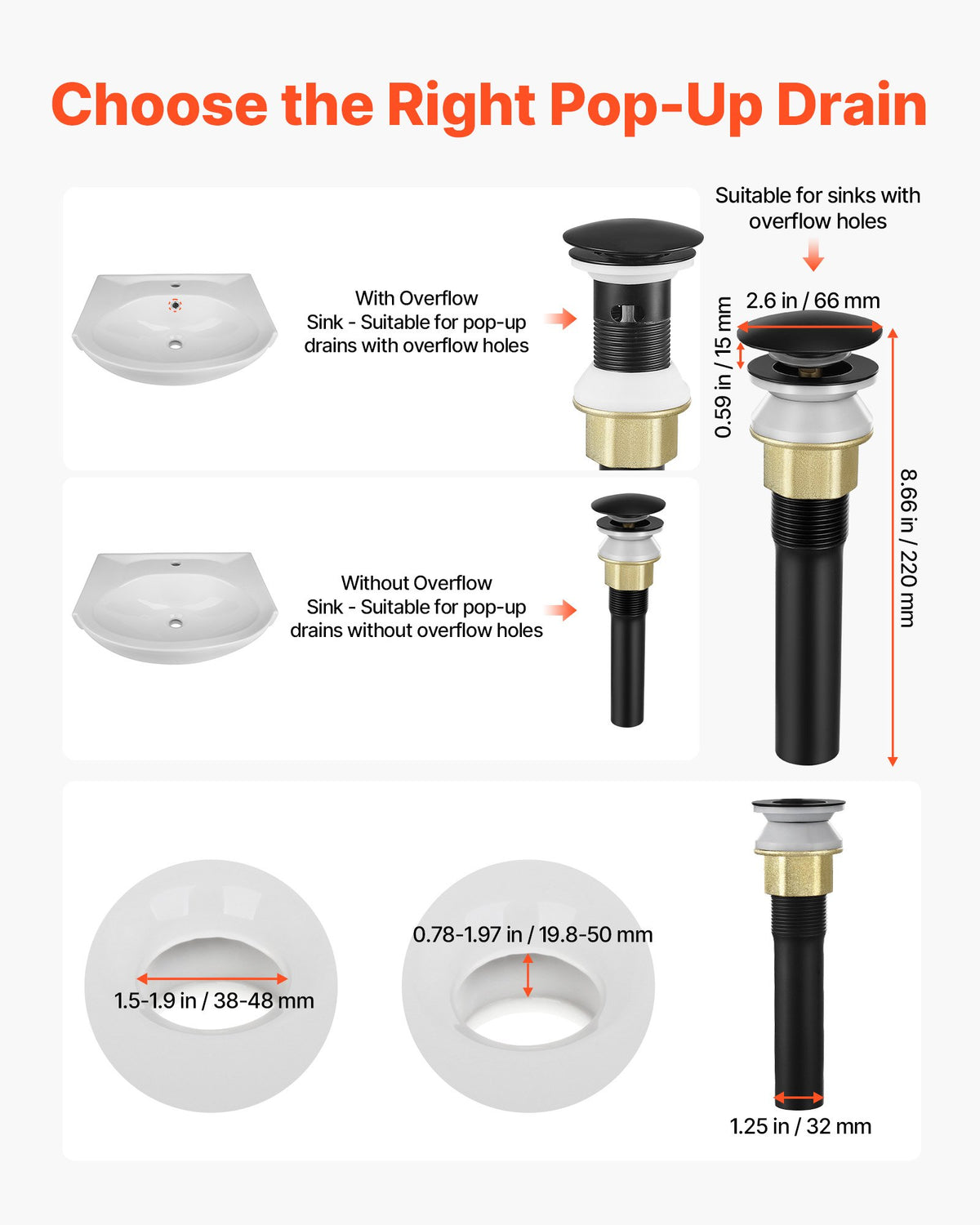 VEVOR Bathroom Sink Drain with Overflow, Brass and 304 Stainless Steel Pop Up Drains, Anti-Clogging Vessel Sink Drain Strainer, All Metal Hair Catcher Drains Stopper, for Sinks with Overflow Holes - DCSPSZJDYLKQ38CN6001V0 - view 4