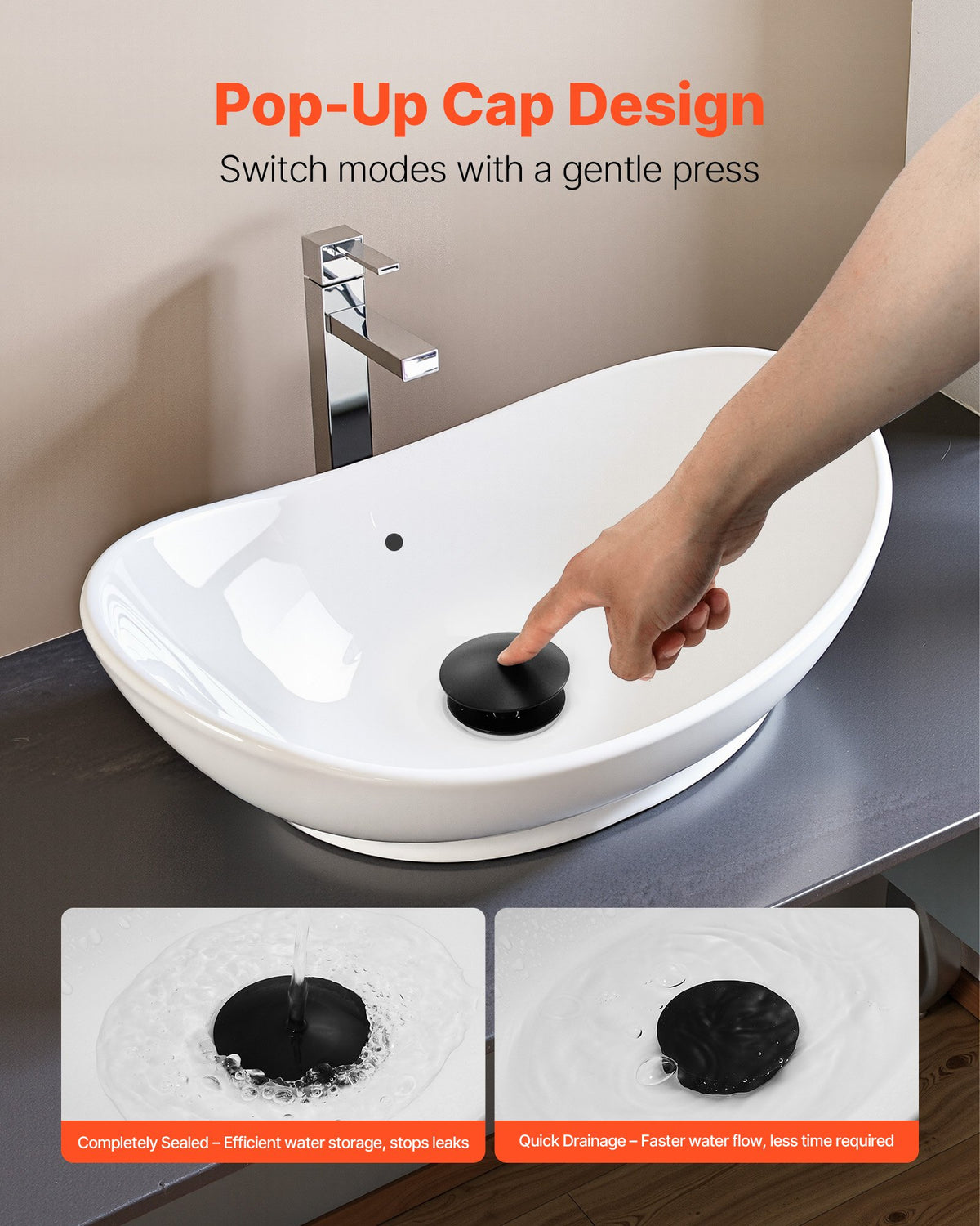 VEVOR Bathroom Sink Drain with Overflow, Brass and 304 Stainless Steel Pop Up Drains, Anti-Clogging Vessel Sink Drain Strainer, All Metal Hair Catcher Drains Stopper, for Sinks with Overflow Holes - DCSPSZJDYLKQ38CN6001V0 - view 7