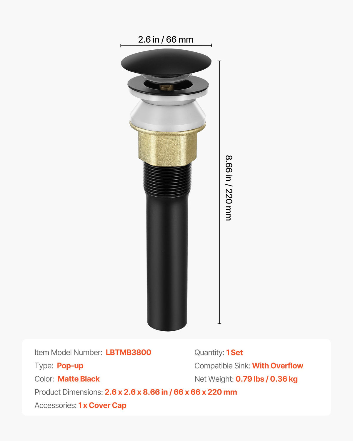 VEVOR Bathroom Sink Drain with Overflow, Brass and 304 Stainless Steel Pop Up Drains, Anti-Clogging Vessel Sink Drain Strainer, All Metal Hair Catcher Drains Stopper, for Sinks with Overflow Holes - DCSPSZJDYLKQ38CN6001V0 - view 8