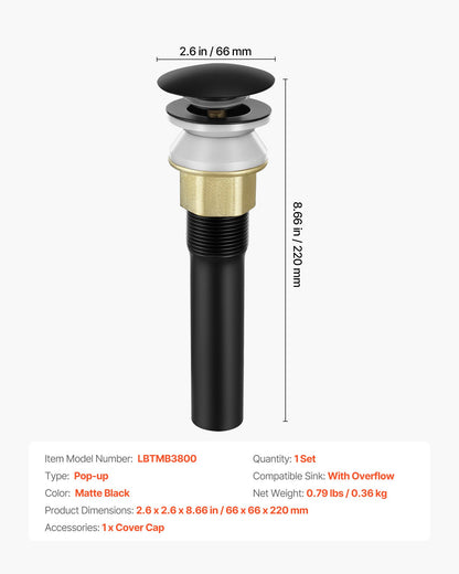 VEVOR Bathroom Sink Drain with Overflow, Brass and 304 Stainless Steel Pop Up Drains, Anti-Clogging Vessel Sink Drain Strainer, All Metal Hair Catcher Drains Stopper, for Sinks with Overflow Holes - DCSPSZJDYLKQ38CN6001V0 - view 8