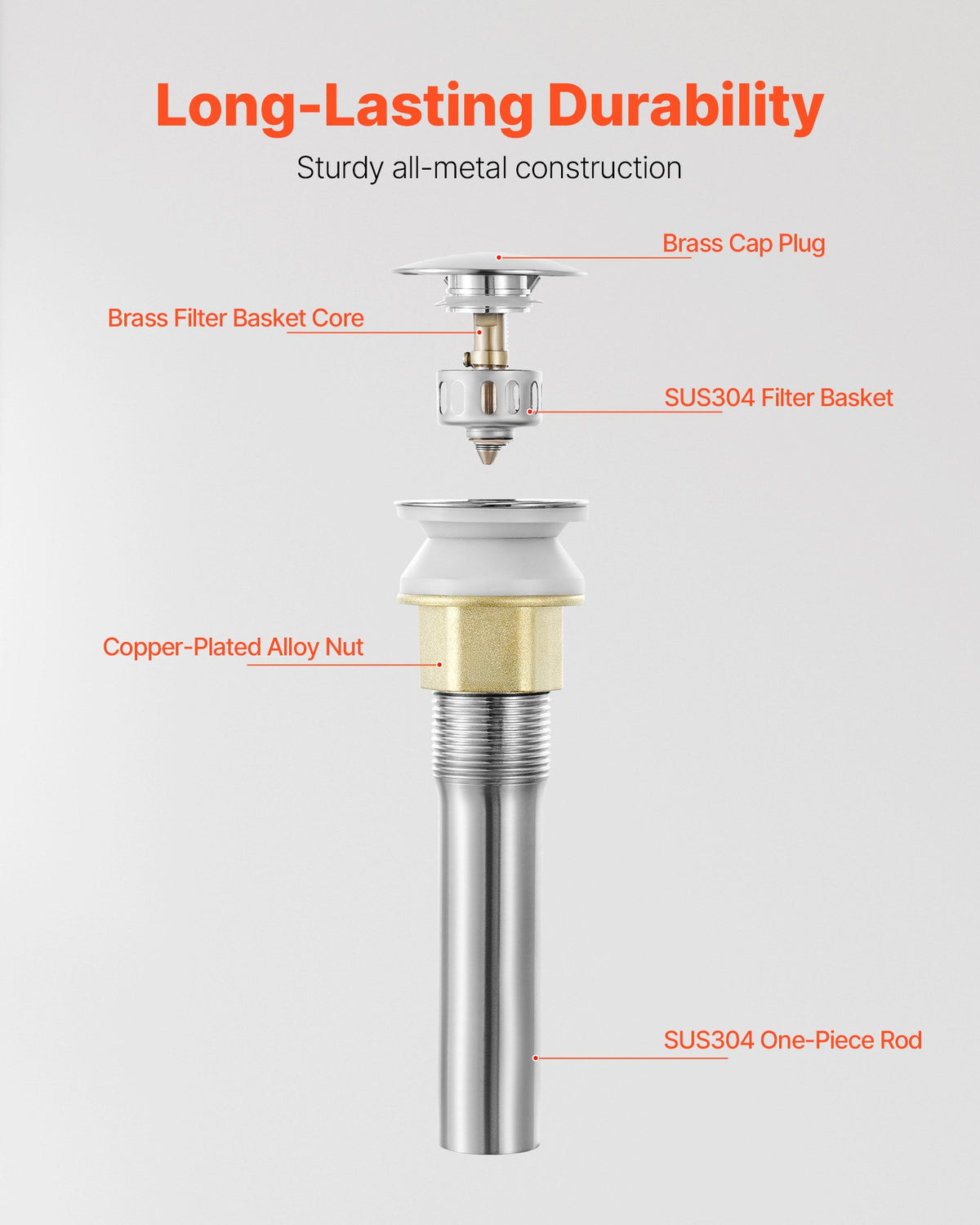 VEVOR Bathroom Sink Drain Without Overflow, Brass and 304 Stainless Steel Pop Up Drains, Anti-Clogging Vessel Drain Strainer, All Metal Hair Catcher Drains Stopper, for Sinks Without Overflow Holes - DCSPSZJWYLKQU6MVT001V0 - view 3