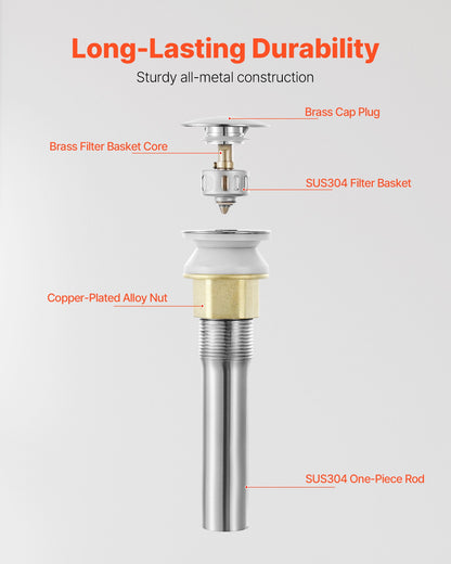 VEVOR Bathroom Sink Drain Without Overflow, Brass and 304 Stainless Steel Pop Up Drains, Anti-Clogging Vessel Drain Strainer, All Metal Hair Catcher Drains Stopper, for Sinks Without Overflow Holes - DCSPSZJWYLKQU6MVT001V0 - view 3