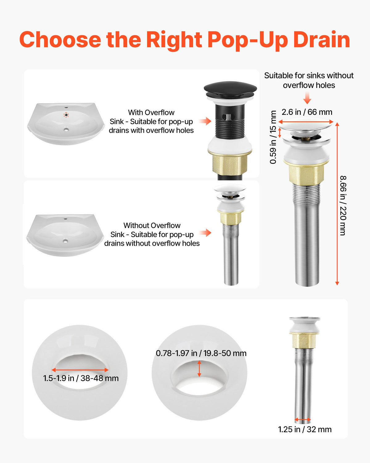VEVOR Bathroom Sink Drain Without Overflow, Brass and 304 Stainless Steel Pop Up Drains, Anti-Clogging Vessel Drain Strainer, All Metal Hair Catcher Drains Stopper, for Sinks Without Overflow Holes - DCSPSZJWYLKQU6MVT001V0 - view 4