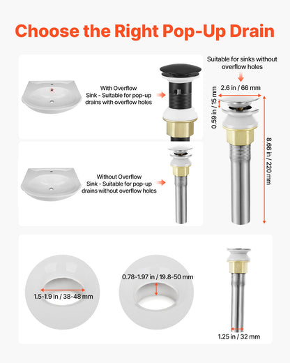 VEVOR Bathroom Sink Drain Without Overflow, Brass and 304 Stainless Steel Pop Up Drains, Anti-Clogging Vessel Drain Strainer, All Metal Hair Catcher Drains Stopper, for Sinks Without Overflow Holes - DCSPSZJWYLKQU6MVT001V0 - view 4