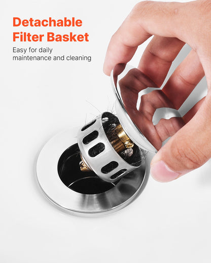 VEVOR Bathroom Sink Drain Without Overflow, Brass and 304 Stainless Steel Pop Up Drains, Anti-Clogging Vessel Drain Strainer, All Metal Hair Catcher Drains Stopper, for Sinks Without Overflow Holes - DCSPSZJWYLKQU6MVT001V0 - view 5