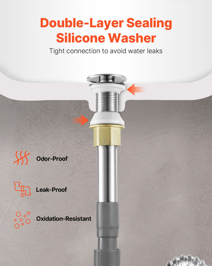VEVOR Bathroom Sink Drain Without Overflow, Brass and 304 Stainless Steel Pop Up Drains, Anti-Clogging Vessel Drain Strainer, All Metal Hair Catcher Drains Stopper, for Sinks Without Overflow Holes - DCSPSZJWYLKQU6MVT001V0 - view 6