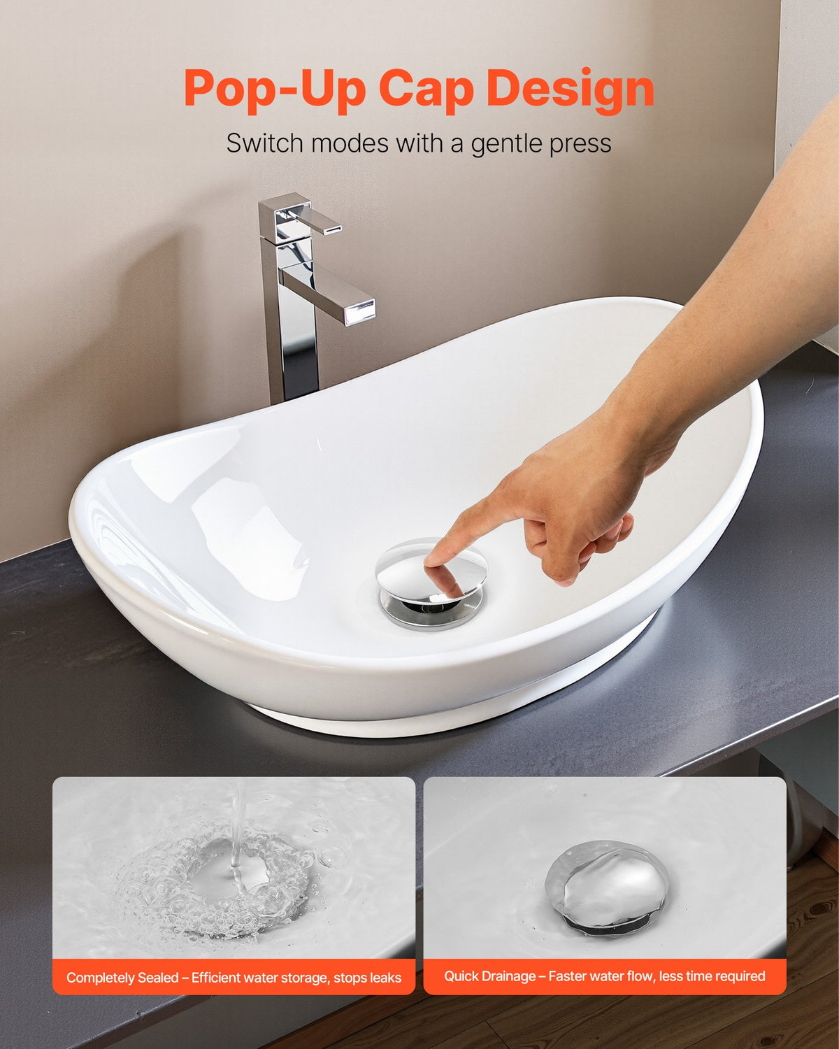 VEVOR Bathroom Sink Drain Without Overflow, Brass and 304 Stainless Steel Pop Up Drains, Anti-Clogging Vessel Drain Strainer, All Metal Hair Catcher Drains Stopper, for Sinks Without Overflow Holes - DCSPSZJWYLKQU6MVT001V0 - view 7