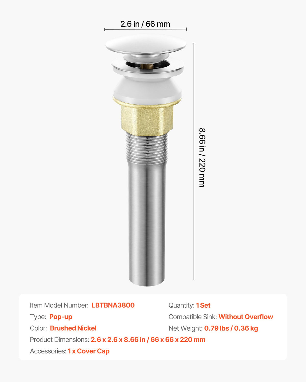 VEVOR Bathroom Sink Drain Without Overflow, Brass and 304 Stainless Steel Pop Up Drains, Anti-Clogging Vessel Drain Strainer, All Metal Hair Catcher Drains Stopper, for Sinks Without Overflow Holes - DCSPSZJWYLKQU6MVT001V0 - view 8