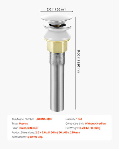 VEVOR Bathroom Sink Drain Without Overflow, Brass and 304 Stainless Steel Pop Up Drains, Anti-Clogging Vessel Drain Strainer, All Metal Hair Catcher Drains Stopper, for Sinks Without Overflow Holes - DCSPSZJWYLKQU6MVT001V0 - view 8