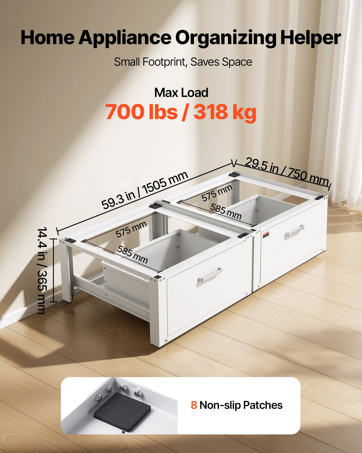 VEVOR Laundry Pedestal, 14 in Height, Washer and Dryer Pedestals with Drawer, 700 lbs Weight Load Capacity, Non-Slip Feet, Heavy-duty Steel Washing Machine Stand Universal Fit, White, 2 Pack - DCT2929INCH2028QM001V0 - view 4