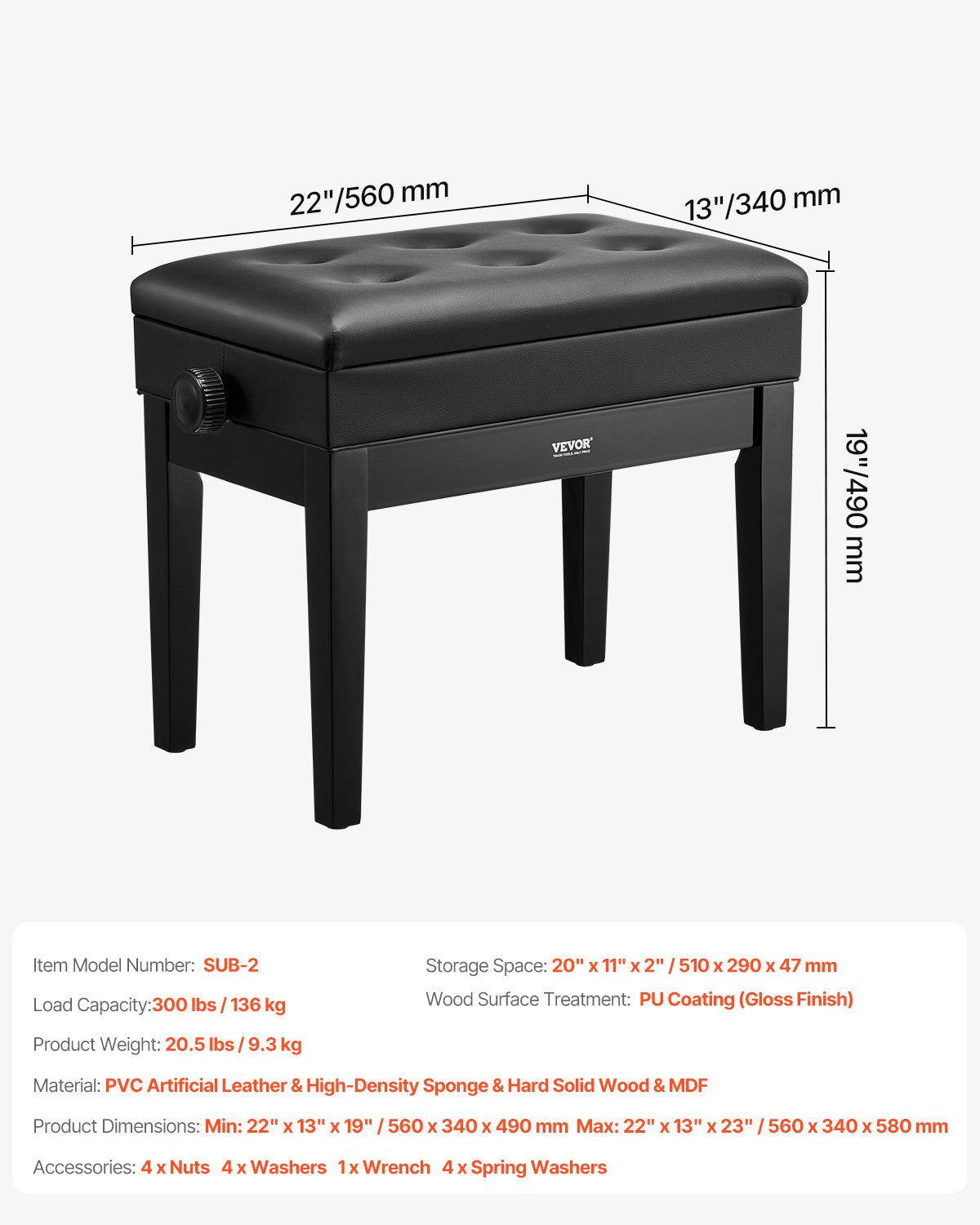 VEVOR Piano Bench, 22" x 13" x 19.3", Keyboard Piano Chair with 19.3"-22.8" Adjustable Height, Padded Cushion, Storage Compartment for Music Books, Wooden Piano Stool Seat, for Vanity, Living Room - DCWXGQZDSMKDIXZ9TV0 - view 8