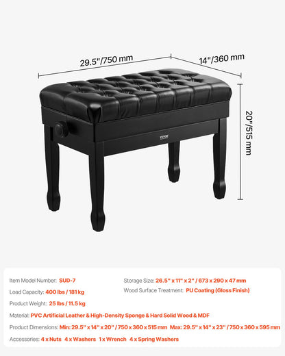 VEVOR Piano Bench, 29.5" x 14" x 20.3", Duet Keyboard Piano Chair with 20.3"-23.4” Adjustable Height, Padded Cushion, Storage Compartment for Music Books, Wooden Piano Stool Seat, for Vanity, Bedroom - DCWXGQZDSMSRQOODMV0 - view 8