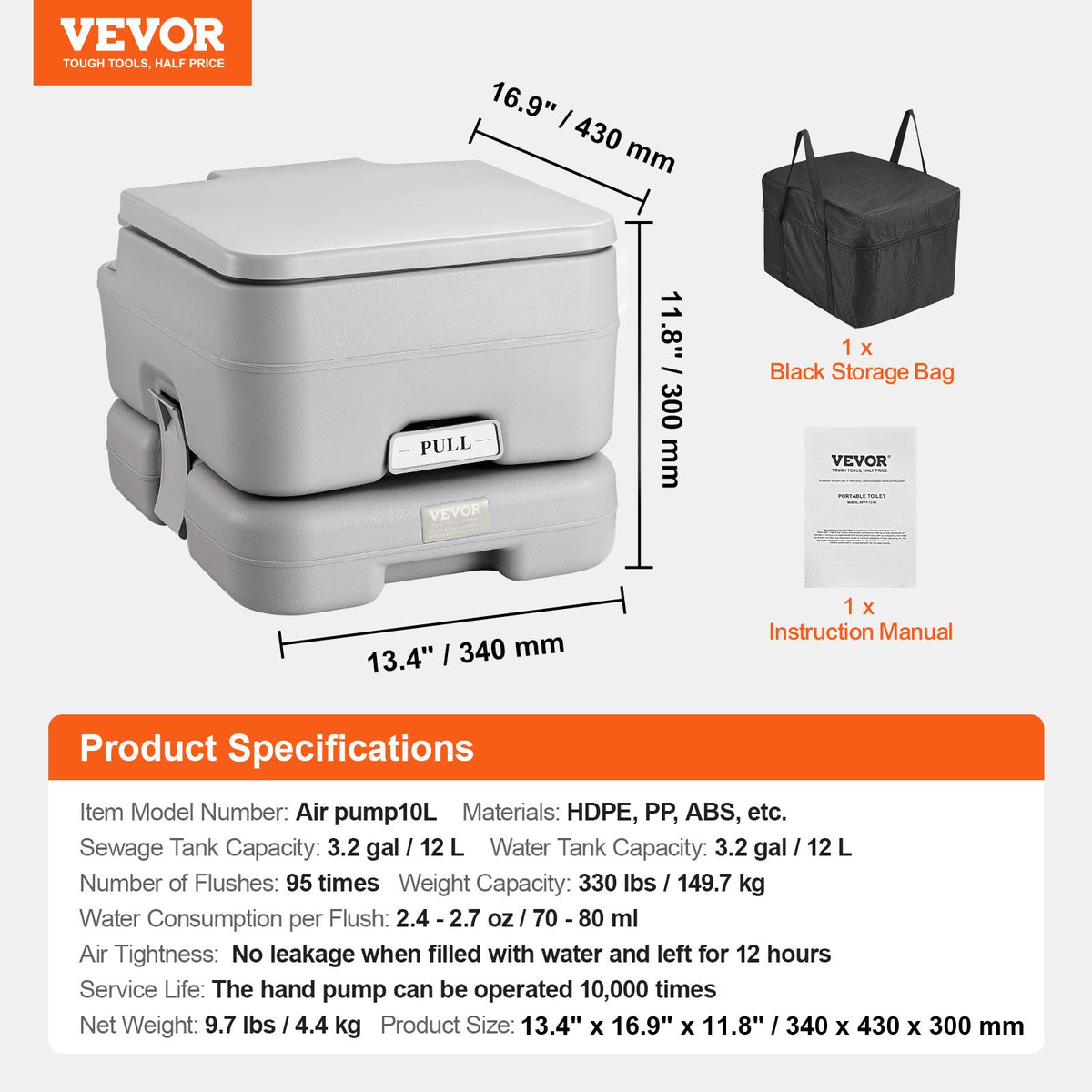 VEVOR Portable Toilet for Camping with Carry Bag, RV Toilet with 3.2 Gal Waste Tank, Push-Button Pressurized Flush Commode, Leak-proof and Odourless Travel Toilet for Adults Kids Camping Car - DCX32GAL32GALYTV0V0 - view 8