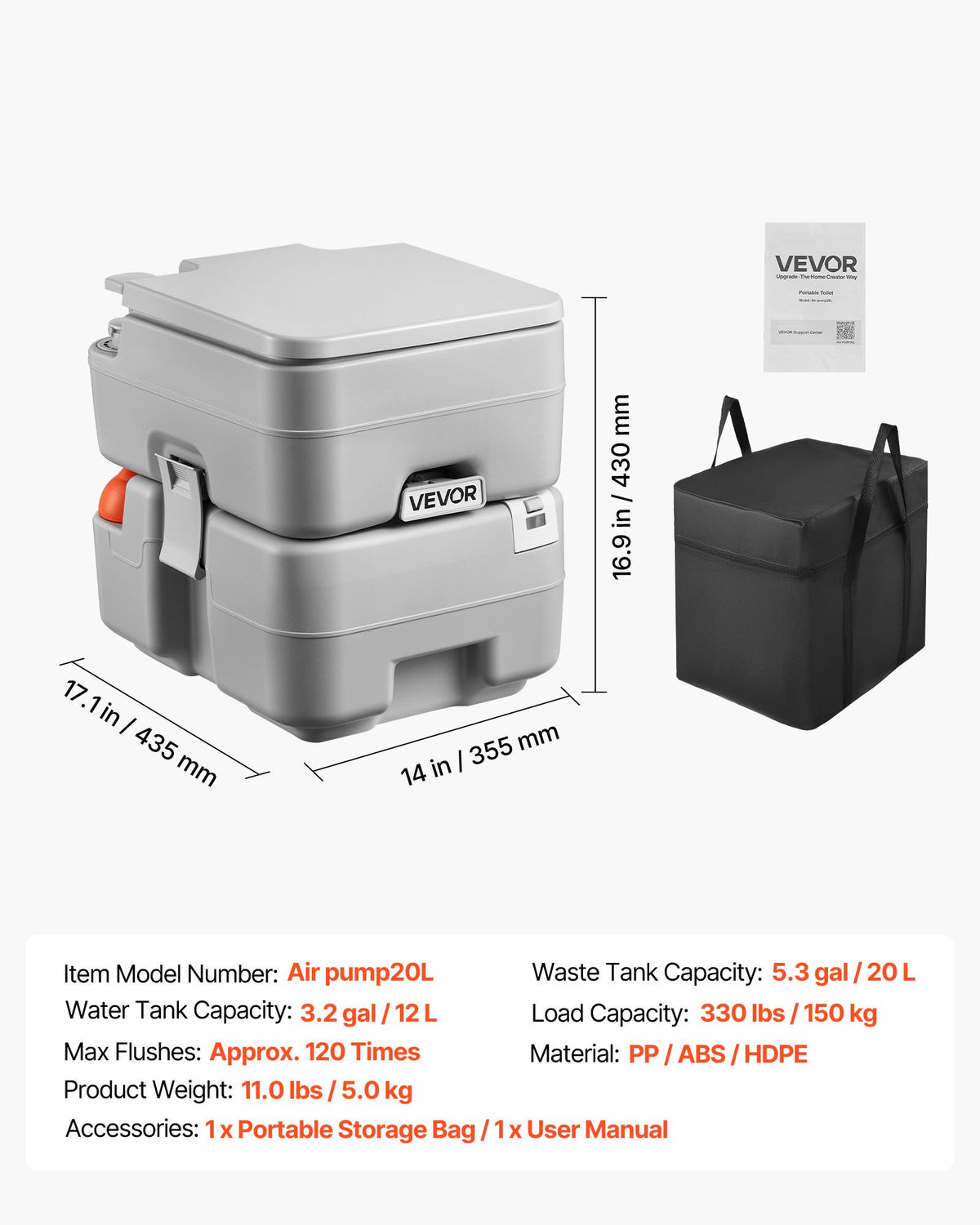 VEVOR Portable Toilet, 5.3 Gallon Detachable Waste Tank, 120 Flushes, Camping Toilet for Adults, Outdoor Travel Potty with Level Indicator, Carry Bag, Suitable for RV Travel, Camping, Hiking, Boating - DCXBXSMT53GAB3YT1001V0 - view 8
