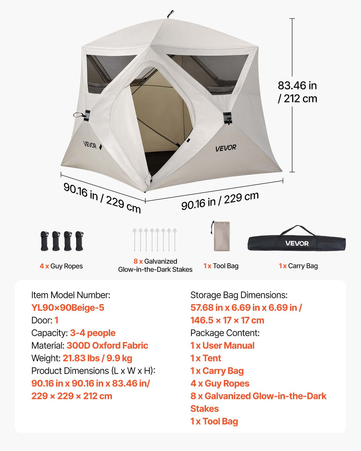 VEVOR Camping Tent, 4 Person Pop Up Instant Cabin Tent with Large Mesh Windows, 60 Seconds Easy Setup, Portable Cabin Hub Tents with Carry Bag for Family Outdoor Camping & Hiking, Upgraded Ventilation - DCZ9090INCH4FZHGY001V0 - view 8