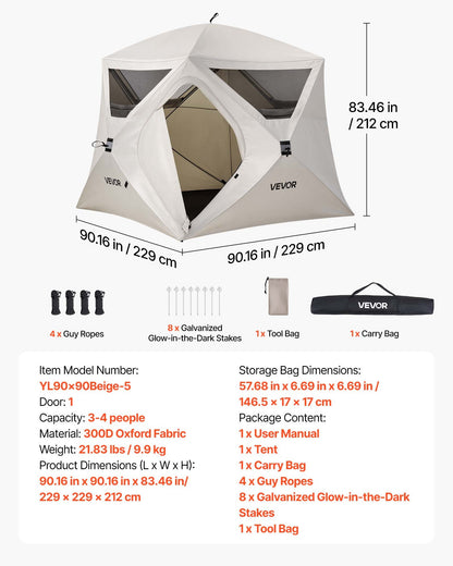 VEVOR Camping Tent, 4 Person Pop Up Instant Cabin Tent with Large Mesh Windows, 60 Seconds Easy Setup, Portable Cabin Hub Tents with Carry Bag for Family Outdoor Camping & Hiking, Upgraded Ventilation - DCZ9090INCH4FZHGY001V0 - view 8